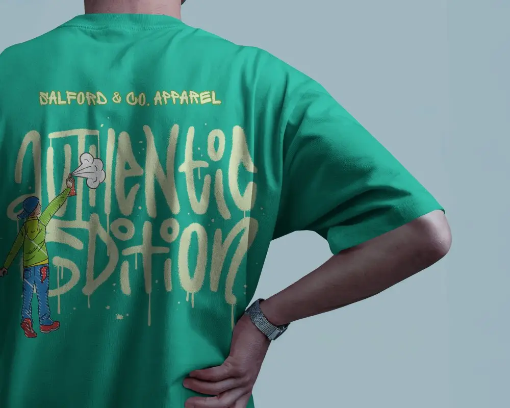 Back View Round Neck Blank White Oversized T Shirt Mockup Male Model With Hand On Hip