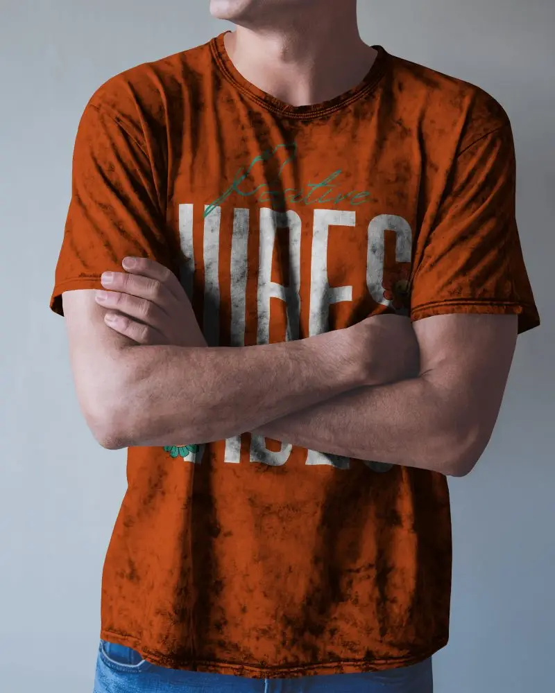 Front View Acid Wash Round Neck T Shirt Mockup Male Model Arms Crossed