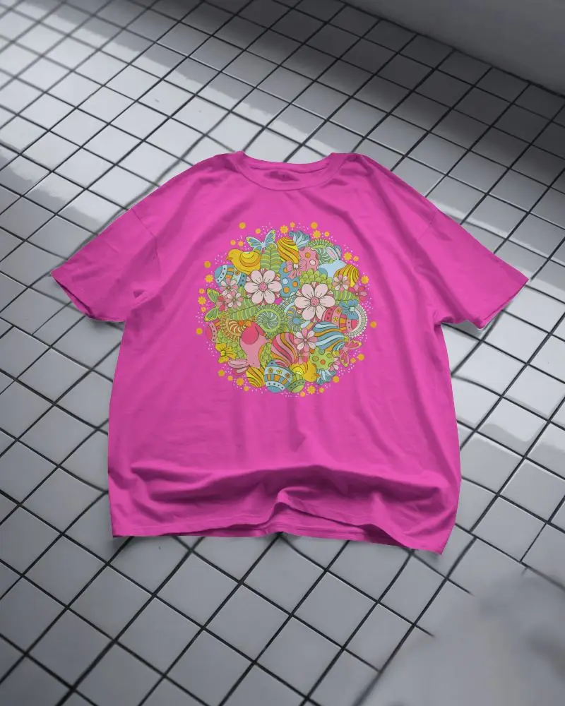 Top Down Boxy White T Shirt Mockup Oversized Fit Laid Flat On Tiled Surface