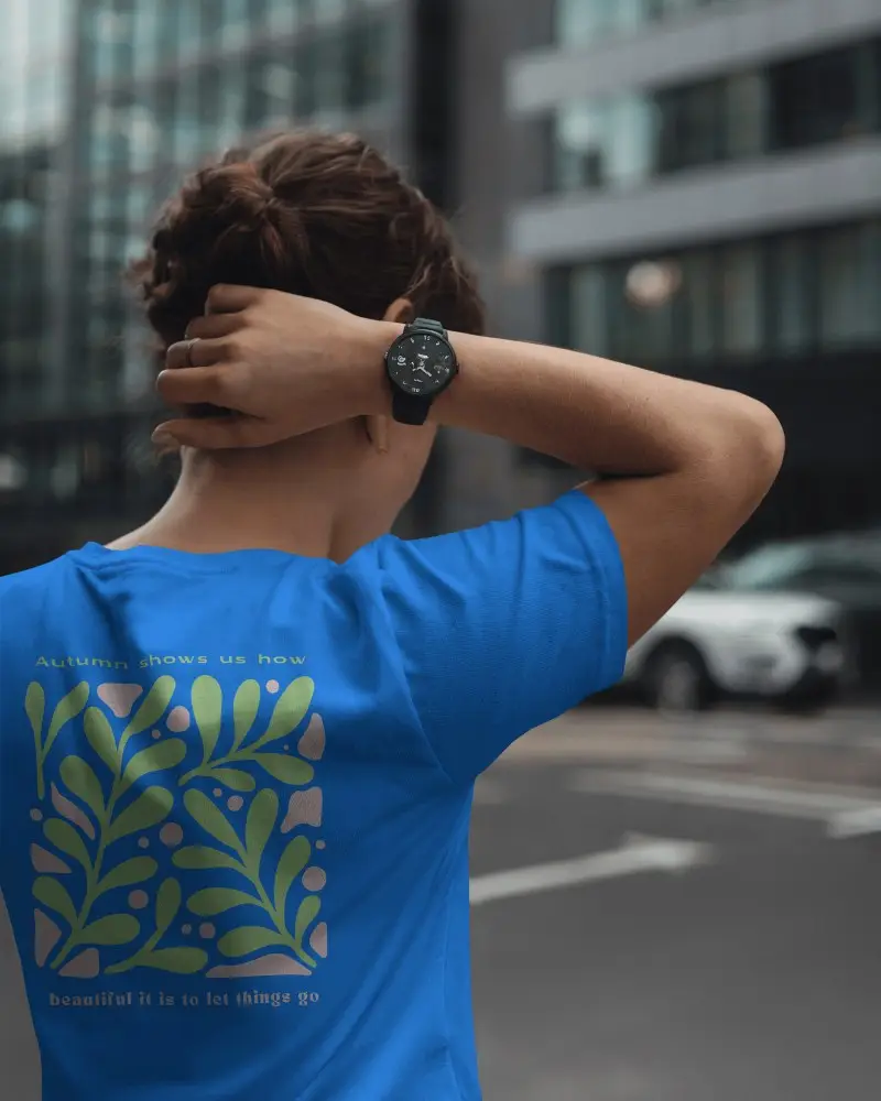 Urban Street Back View T Shirt Mockup Female Model In Blank White Round Neck