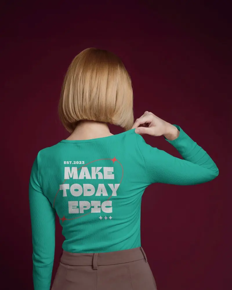 Back View White Ribbed Long Sleeve Mockup Blonde Woman Holding Shirt 01032