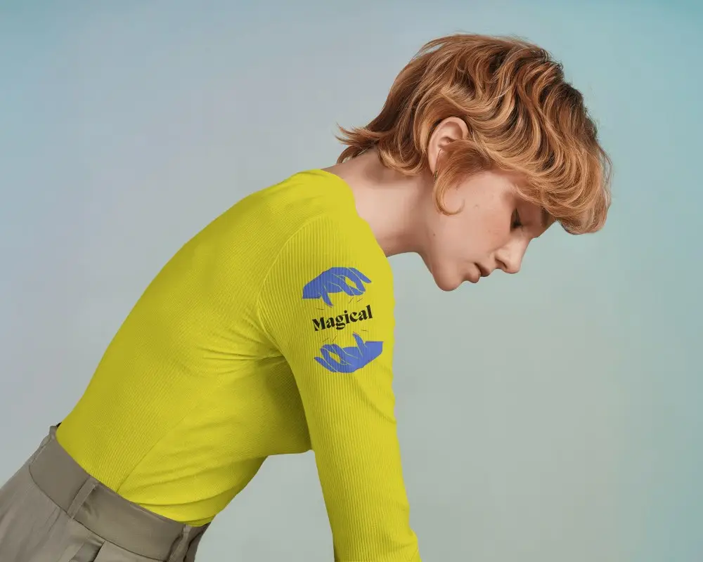 Minimal White Long Sleeve Tee Mockup Side Profile View Model With Short Hair On Colorful Pastel Background