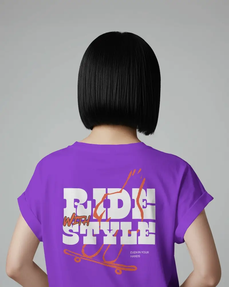 Back View White Tshirt Mockup Female Model With Straight Black Bob Clean Grey Background Custom Print Template