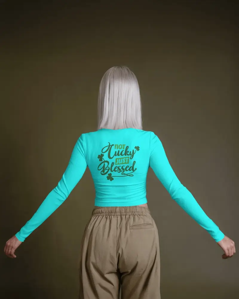 Clean White Long Sleeve T Shirt Template Back Print On Woman With Light Hair High Waist Pants Stylish Pose