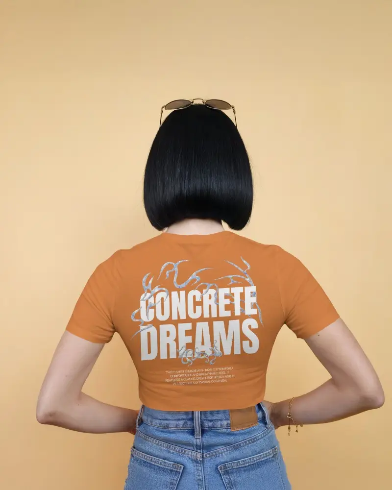 Back View White Tshirt Mockup Female Model With Bob Haircut Peach Background High Waisted Jeans Style