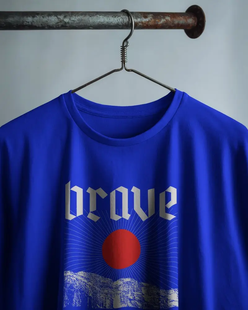 White Tshirt Mockup On Vintage Wire Hanger Industrial Metal Rod Closeup Front View Soft Shadow Lighting