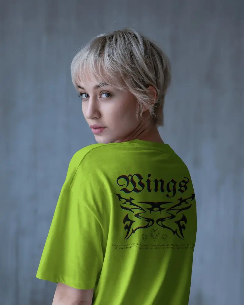 White Back Print Tshirt Mockup Short Blonde Hair Female Model Turning Head Soft Blue Background Studio Light