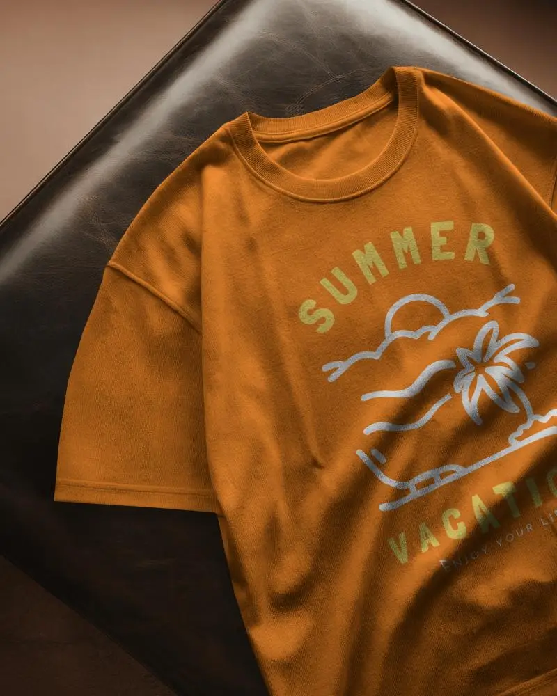 White Tshirt Mockup Flat Lay On Leather Chair Soft Shadows Natural Warm Lighting Custom Design Template