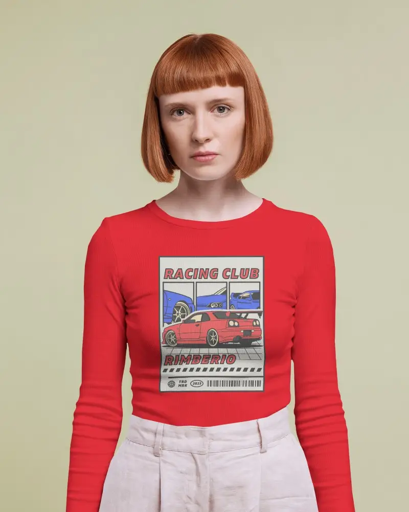 Front View Long Sleeve Tshirt Mockup Female Model Red Bob Haircut Soft Light Green Background Template