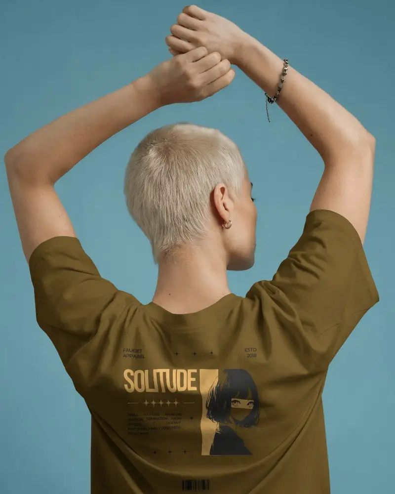 Back Print Tshirt Mockup Female Model Buzzcut Raised Arms Blue Background Modern Design Template