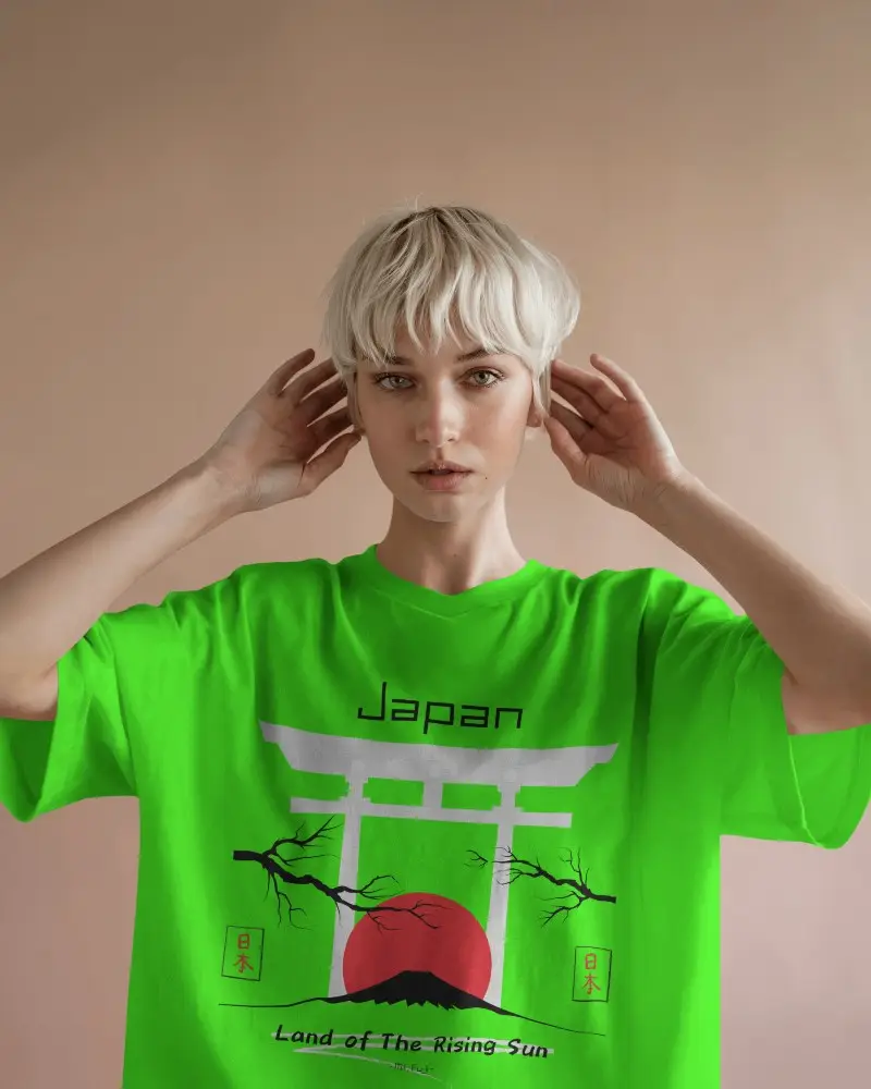 Front View Tshirt Mockup Platinum Blonde Model Hands Near Face Soft Peach Background Minimal Style