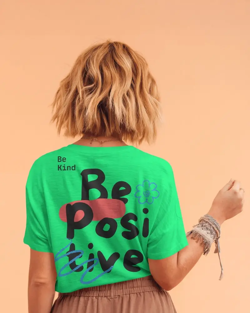 Back View Tshirt Mockup Female Model With Wavy Blonde Hair On Peach Background