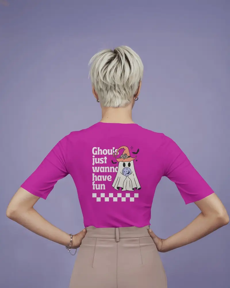 Back View Tshirt Mockup Short Blonde Hair Model Hands On Hips Purple Background
