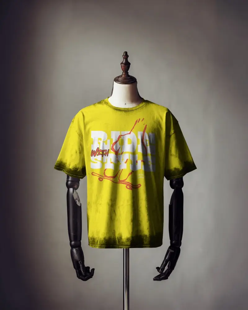 Front View Acid Wash Tshirt Mockup On Vintage Mannequin Dark Gradient Style