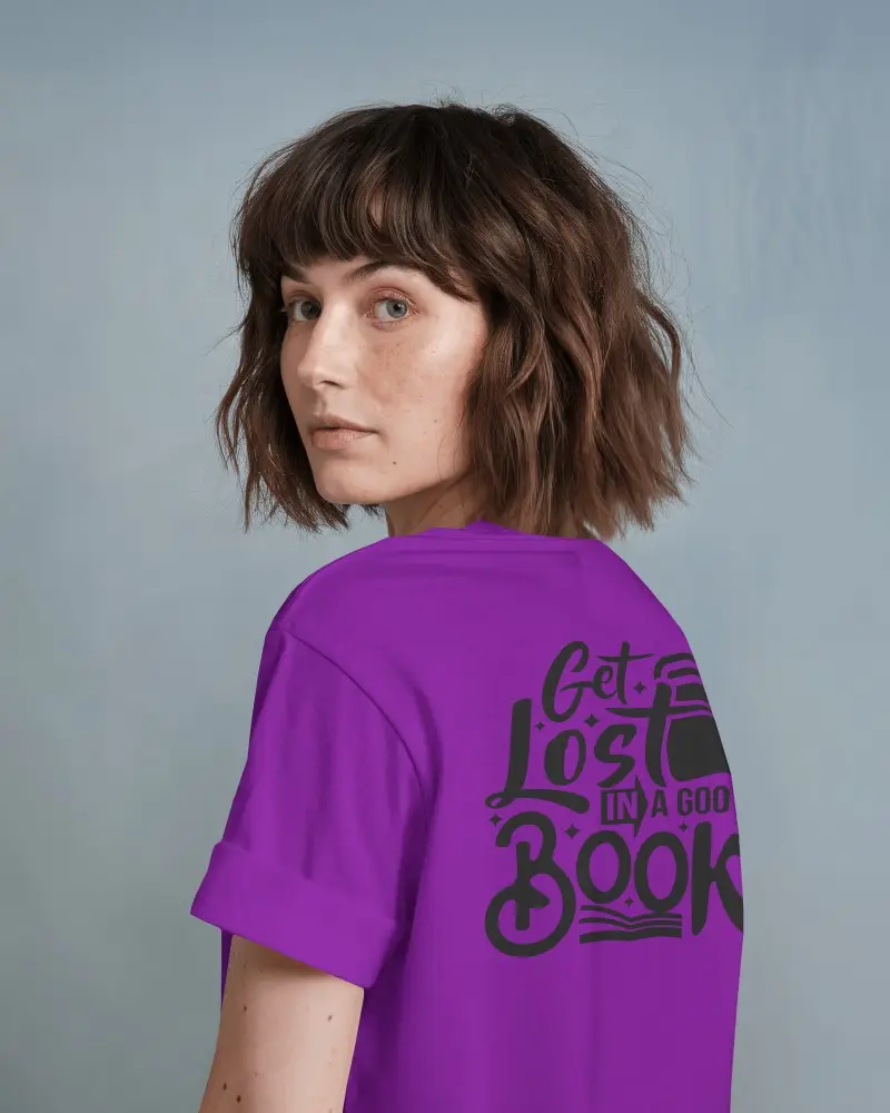 Back View Tshirt Mockup Female Model Turning Head Soft Blue Studio Background