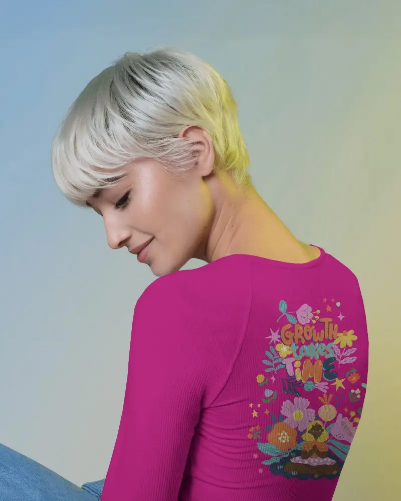 Back View Long Sleeve Tshirt Mockup Female Model With Short Platinum Hair Gradient Background