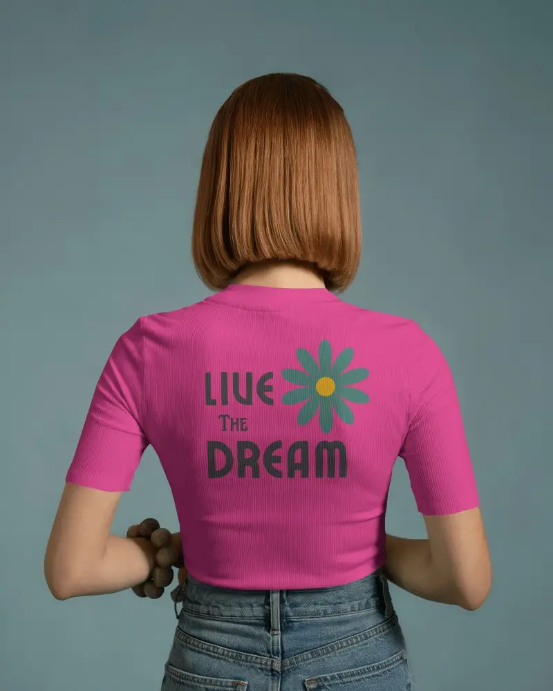 Short Sleeve Fitted Tee Mockup On Woman Showing Back Print In Minimal Style