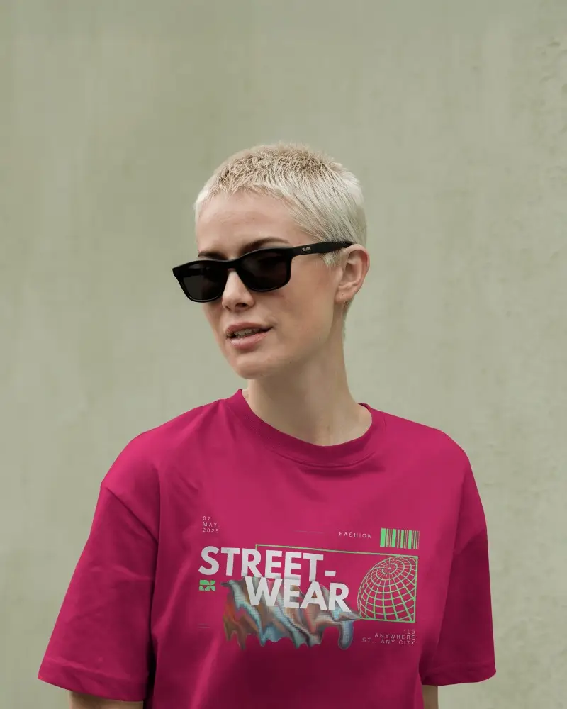 Modern Urban Tshirt Mockup Female Model In Gray Tee Against Muted Wall