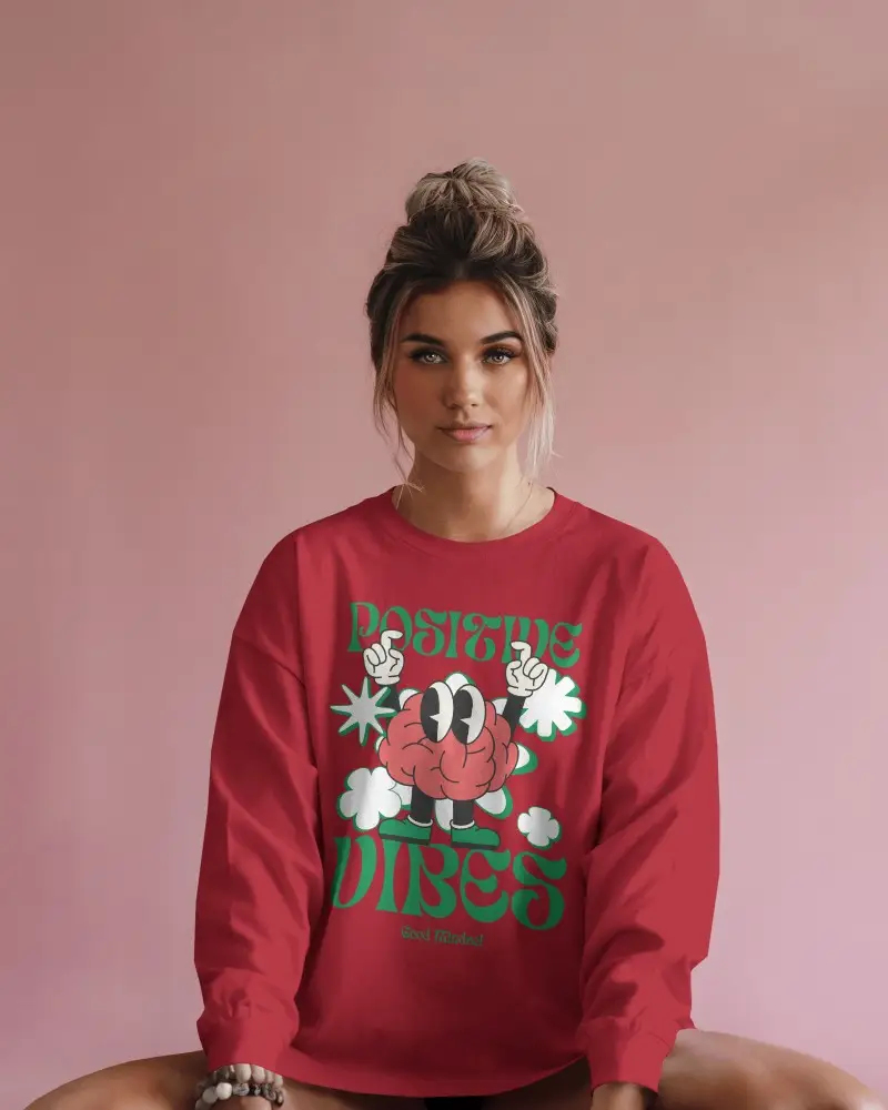 Soft Pink Background Long Sleeve Tshirt Mockup Female Model Sitting Calmly