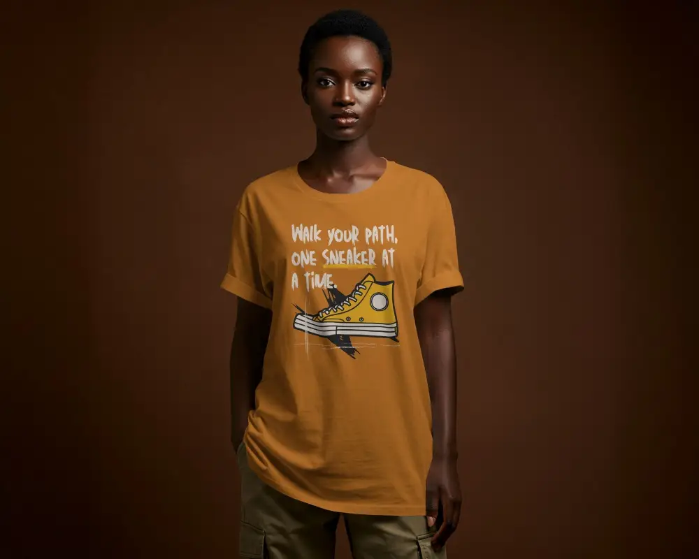 Studio Tshirt Mockup Female Model In White Tee Against Brown Backdrop
