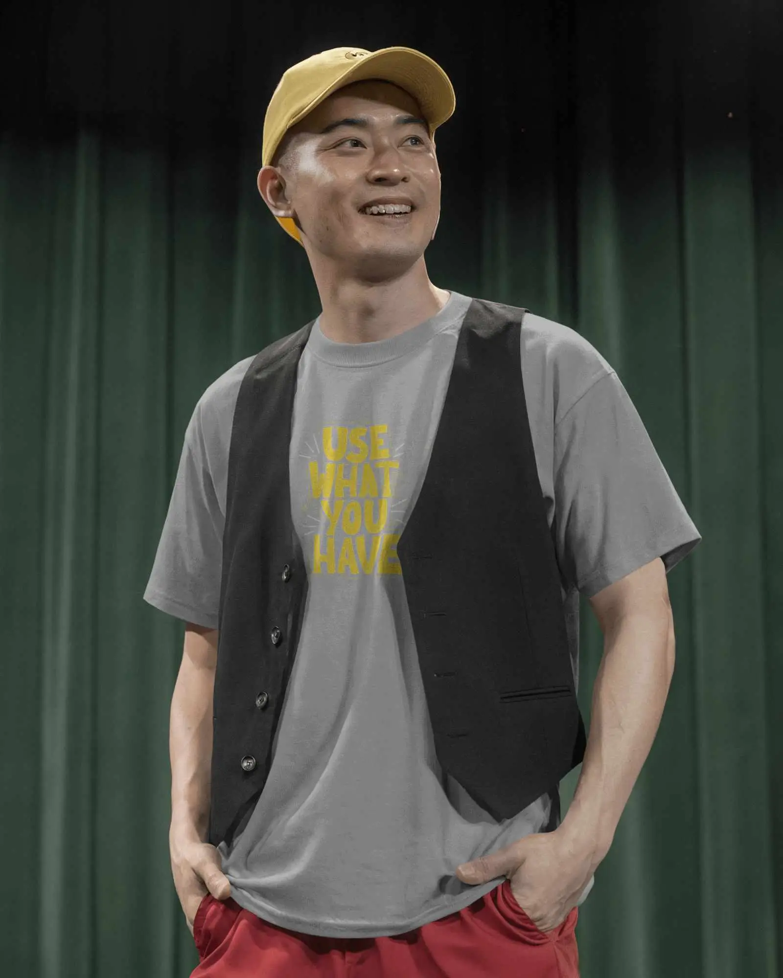 Casual Stagewear Tshirt Mockup Male Model In White Tee With Vest And Cap