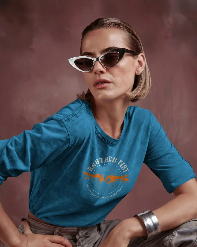 Acid Wash Long Sleeve Mockup Female Model In Edgy Styled Pose Against Red Backdrop