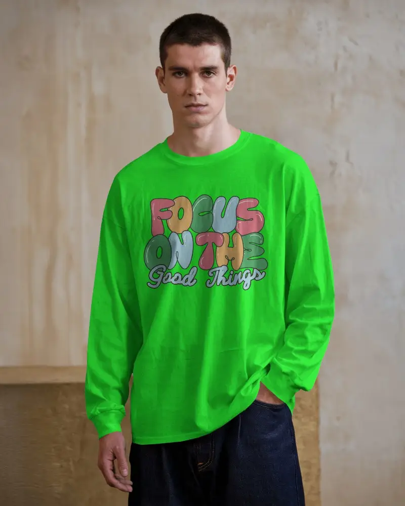 Studio Long Sleeve Tshirt Mockup Male Model Wearing White Tee With Hands In Pocket