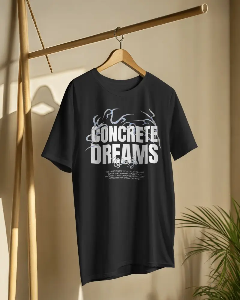 Clean White Tshirt Mockup Hanging On Wooden Stand In Natural Light Studio