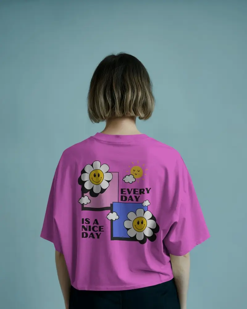 Studio Back View Tshirt Mockup Female Model Wearing On Blue Background