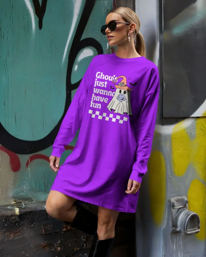Urban Graffiti Tshirt Dress Mockup Female Model Wearing Long White Tee With Sunglasses
