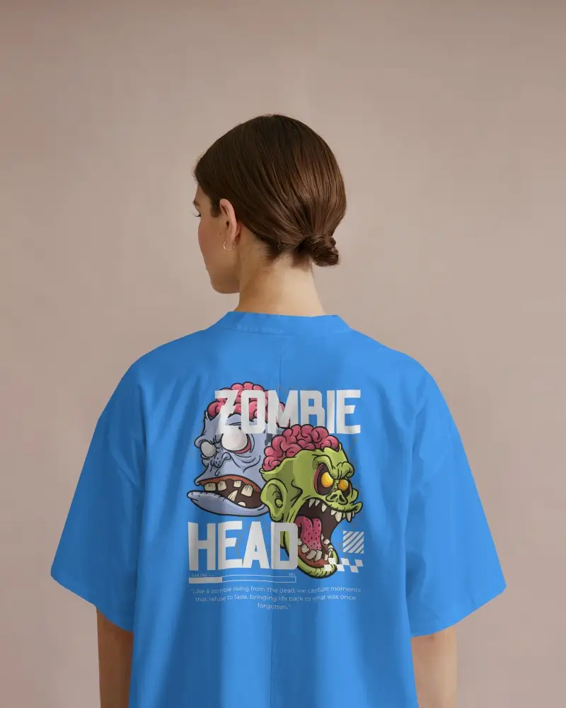 Back View Tshirt Mockup Female Model With Low Bun On Soft Beige Backdrop Clean White Fabric And Relaxed Fit Style