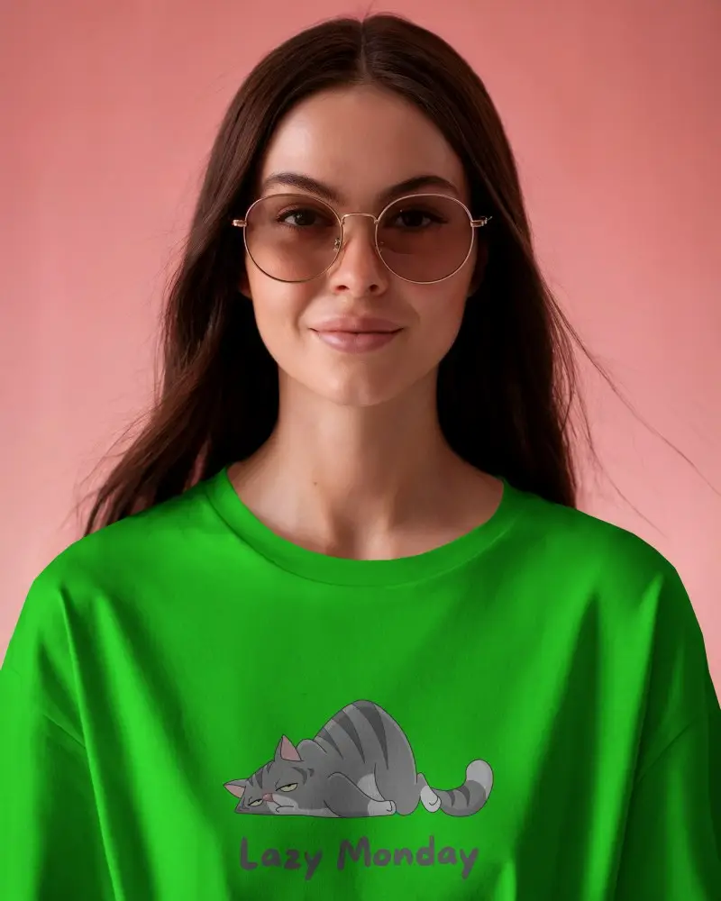 Close Up Tshirt Mockup Female Model Wearing Sunglasses Soft Pink Background Minimal Design On Grey Fabric Bold And Modern Look