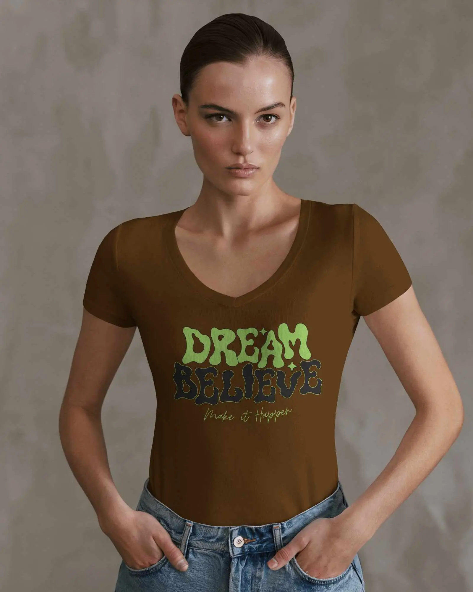 Studio T Shirt Mockup Female Model In V Neck White Tee With Hands In Pockets Minimal Background And Confident Pose