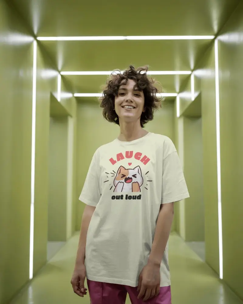 Futuristic Neon Lit Hallway Tshirt Mockup With Smiling Female Model In Casual Pose Modern Vibes And Bold Lighting
