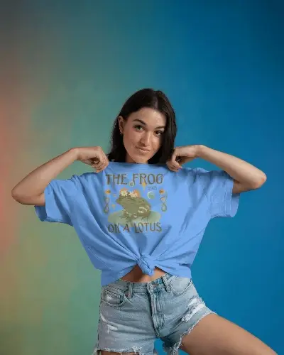 Playful Tshirt Mockup With Young Female Model In Denim Shorts Posing Against Colorful Gradient Background