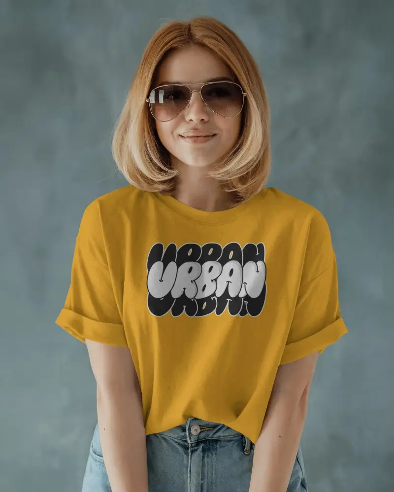 Stylish Female Tshirt Mockup With Sunglasses And Rolled Sleeves Against Soft Blue Textured Backgroun