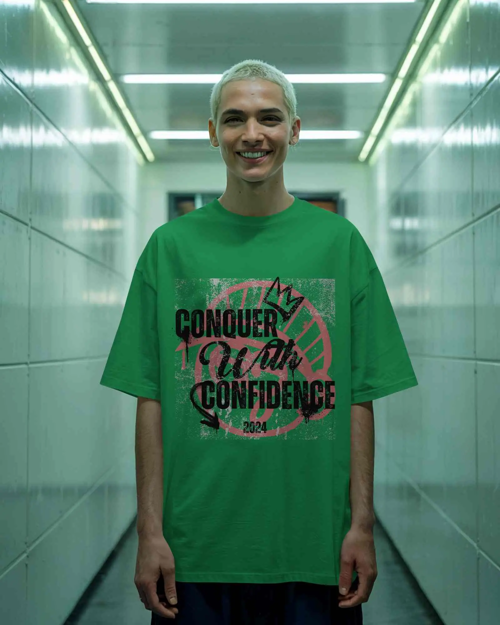 Urban T Shirt Mockup Male Model In Oversized Tee Standing In Glowing Green Tunnel Moody And Modern Streetwear Vibes