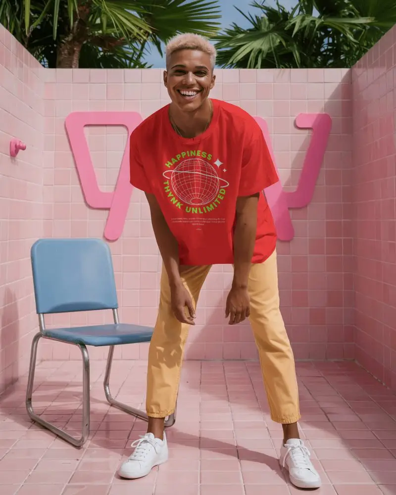 Playful Pink Tile Tshirt Mockup With Smiling Model In Vibrant Outdoor Setting And Sunny Tropical Vibes