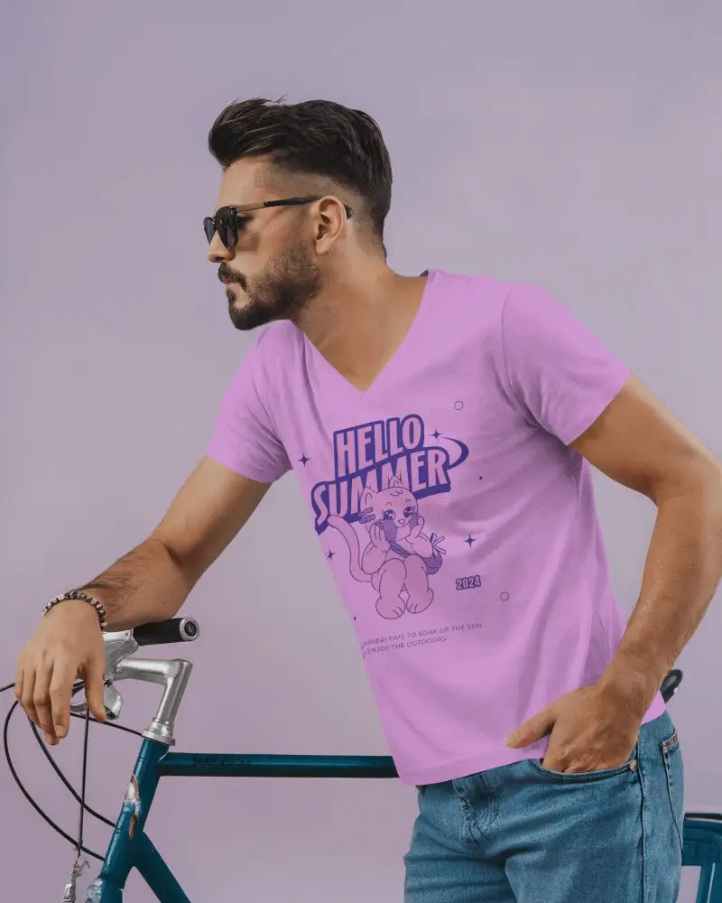 Laidback Tshirt Mockup With Handsome Man Resting On Bicycle In Soft Toned Studio Environment