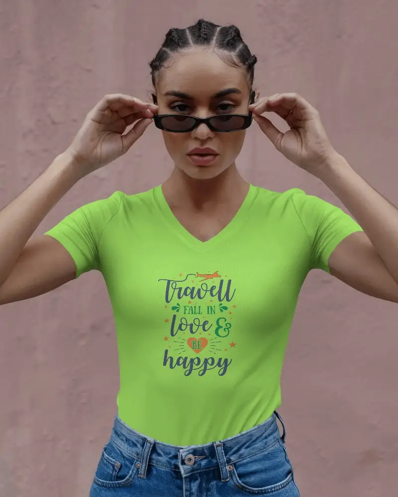 Urban Streetwear Tshirt Mockup Female Model In V Neck Shirt Posing With Sunglasses Against Textured Pink Wall Confident And Stylish Vibe 01236