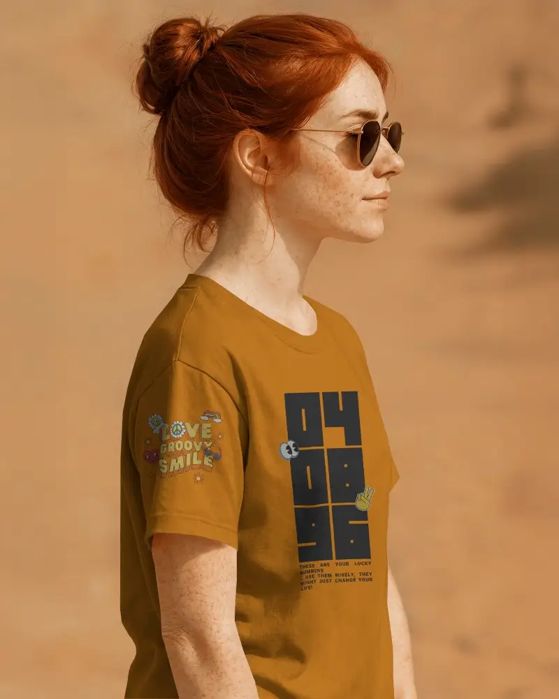 Side View Tshirt Mockup Female Model With Red Hair And Sunglasses On Warm Sandy Backdrop Sleeve And Front Print Visible Natural Lighting