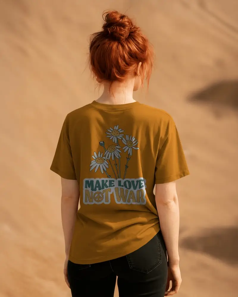 Back Profile Tshirt Mockup Female Model In Sunglasses On Sandy Beige Background Back Print Visible Natural Sunlit Style