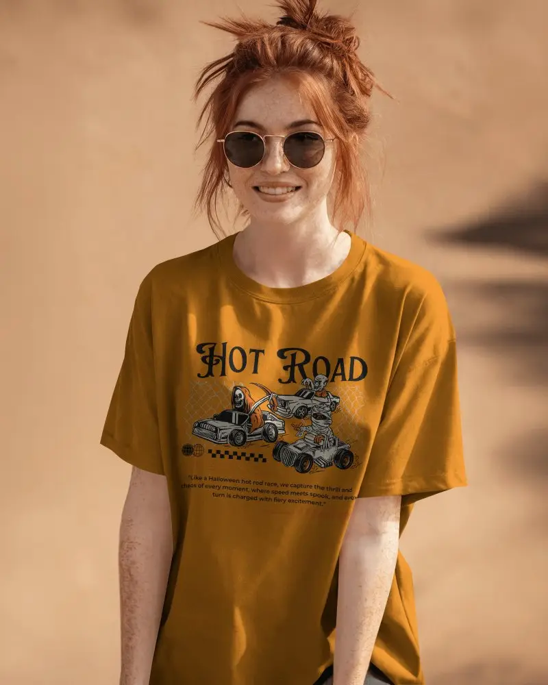 Front View Tshirt Mockup Female Model In Sunglasses On Sandy Beige Background Front And Sleeve Print Visible Natural Sunlit Style