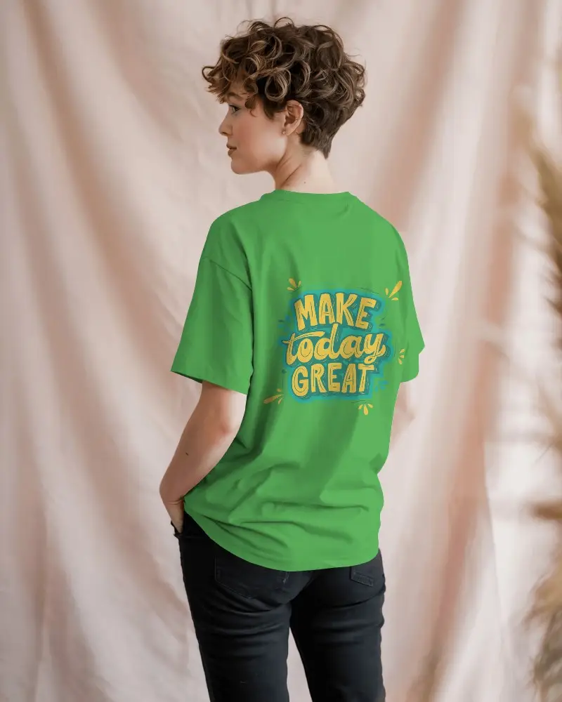 Pastel Backdrop T Shirt Mockup Female Model Facing Away Hands In Pockets Relaxed Pose Soft Diffused Lighting Casual Vibe 01247