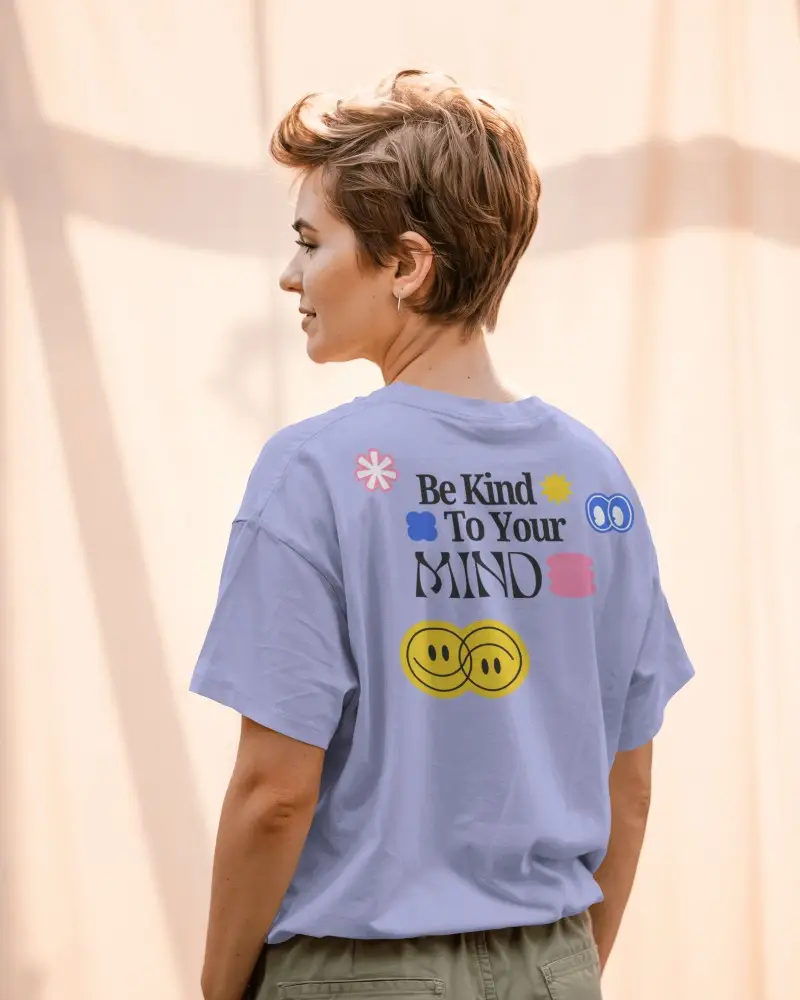 Sunlit Back View Tshirt Mockup With Short Haired Female Model In Warm Outdoor Curtain Background