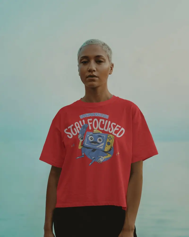 Soft Outdoor Lighting Tshirt Mockup With Strong Female Figure In Clean Crop Top And Muted Waterscape