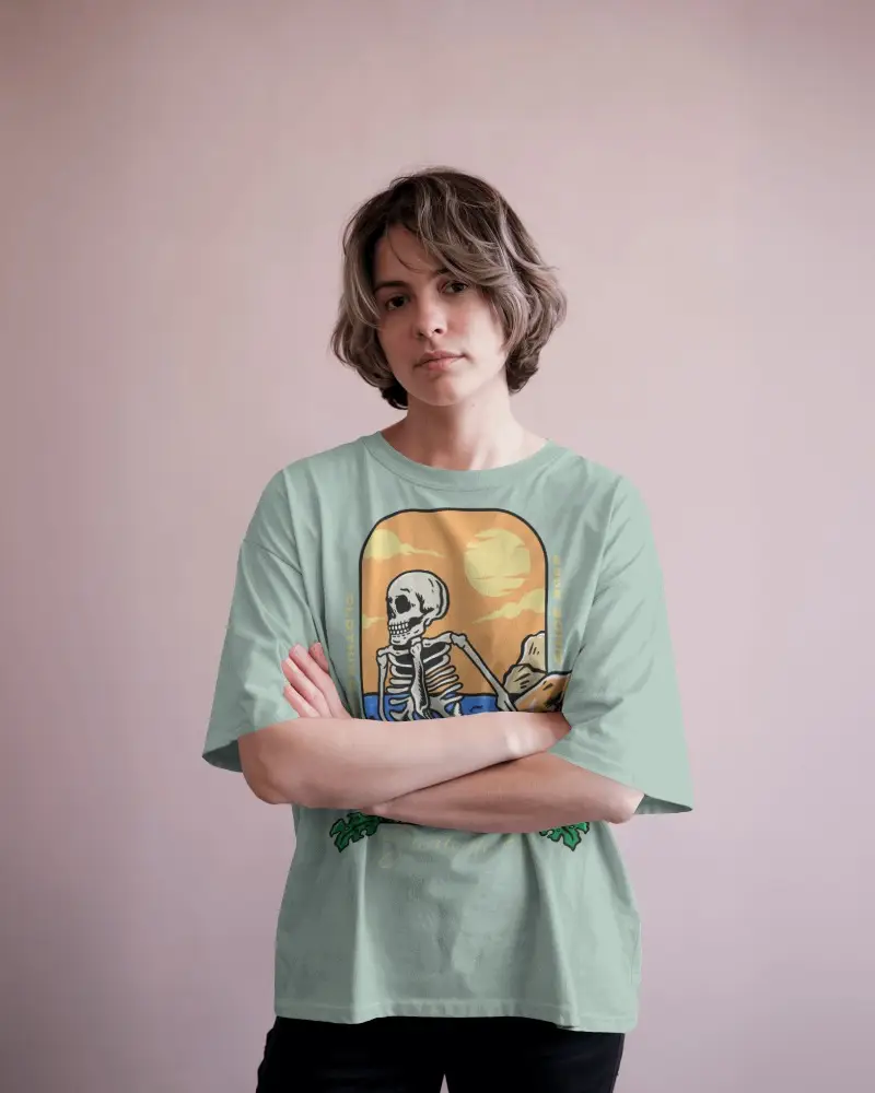 Casual Fashion Tshirt Mockup Featuring Woman In Loose White Tee And Neutral Pink Toned Background