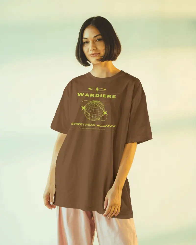 High Fashion Inspired Tshirt Mockup In Soft Studio Light On Model With Natural Expression And Flowy Outfit