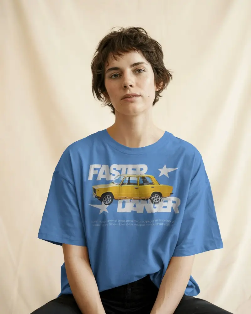 Calm And Minimalist Tshirt Mockup On Woman Sitting In Relaxed Pose Against Beige Curtain Backdrop
