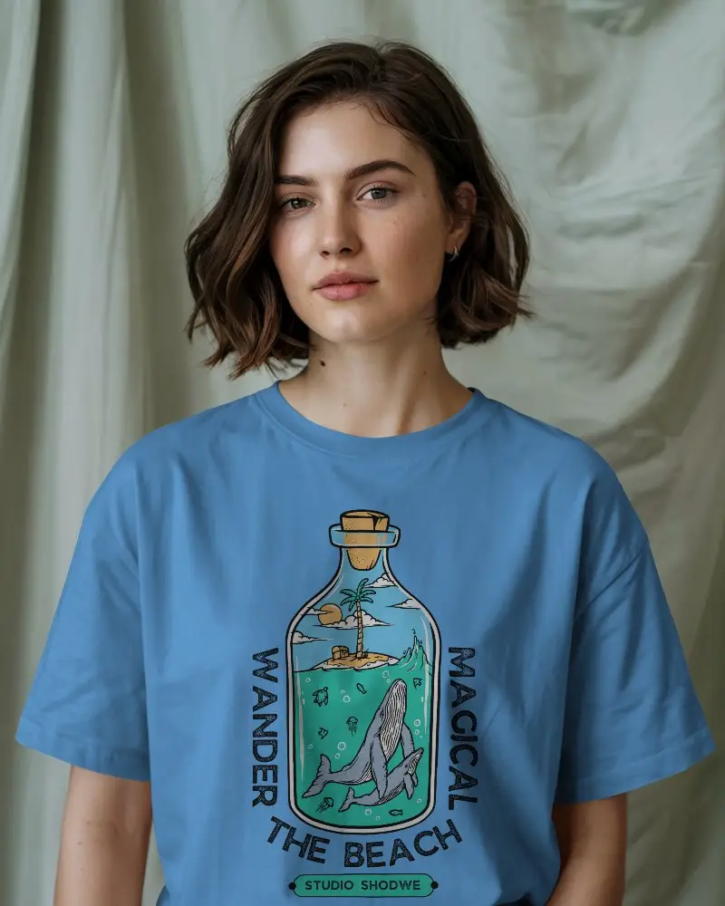 Indoor T Shirt Mockup Female Model With Wavy Bob Hair Wearing Grey Tee In Front Of Soft Draped Curtain Backdrop